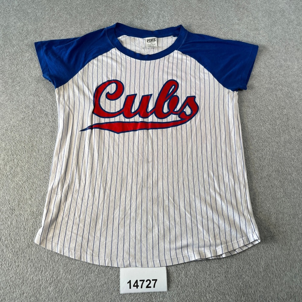 Chicago Cubs T-Shirt Women M White Pink Victorias Secret Baseball MLB Raglan Tee